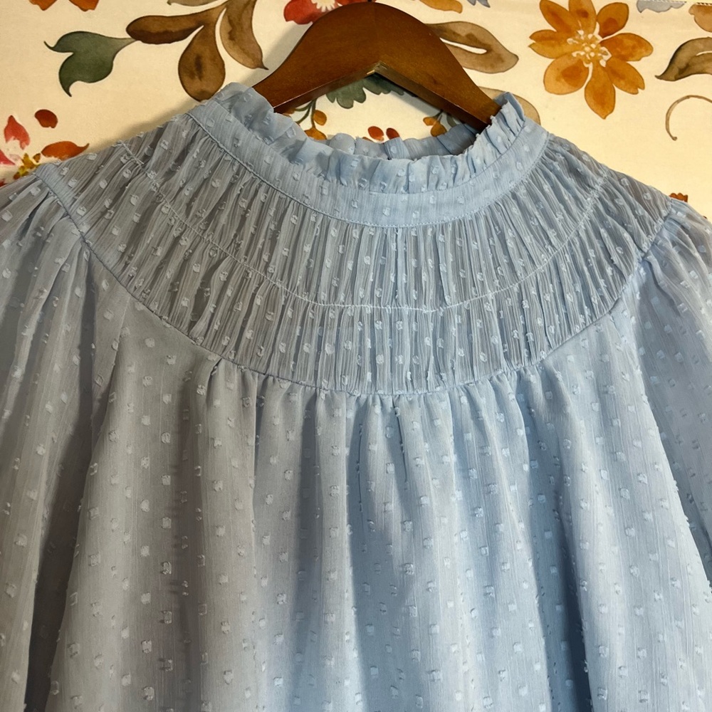 LOFT L Powder Light Blue Swiss Dot Sheer Sleeve Office Blouse Spring Summer City - Picture 5 of 12